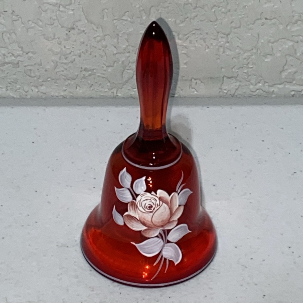 Vintage 1979  Westmoreland Glass Hand Painted Rose Ruby Red Glass Bell Signed